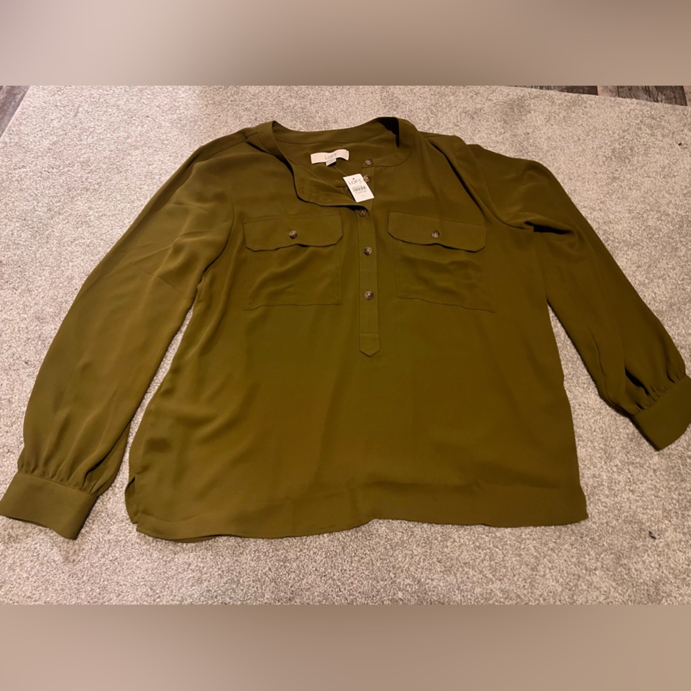 Loft blouse. Army green. 1/2 bottom with sleeve button. Poly. Size L worn once